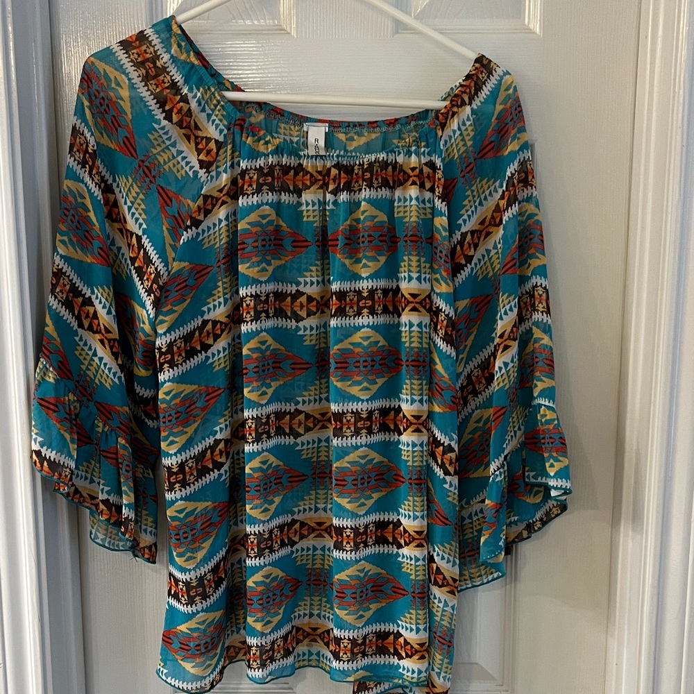 Rouge! Teal Aztec Print Bell Sleeve Tunic with Rust and Cream Accents